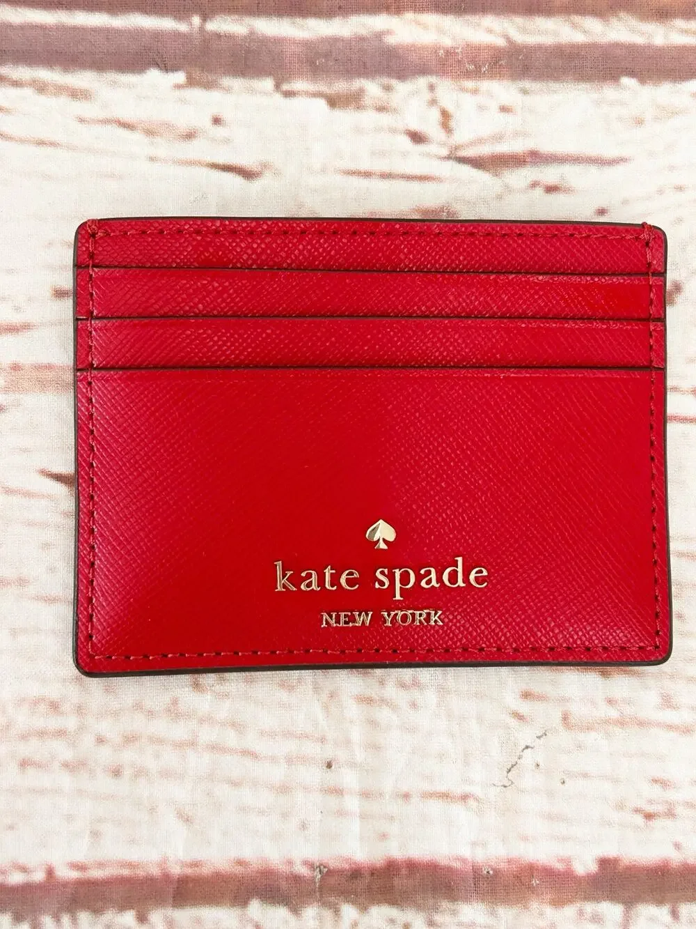 KATE SPADE Red Saffiano Leather Slim Card Holder Minimalist Credit Card Wallet
